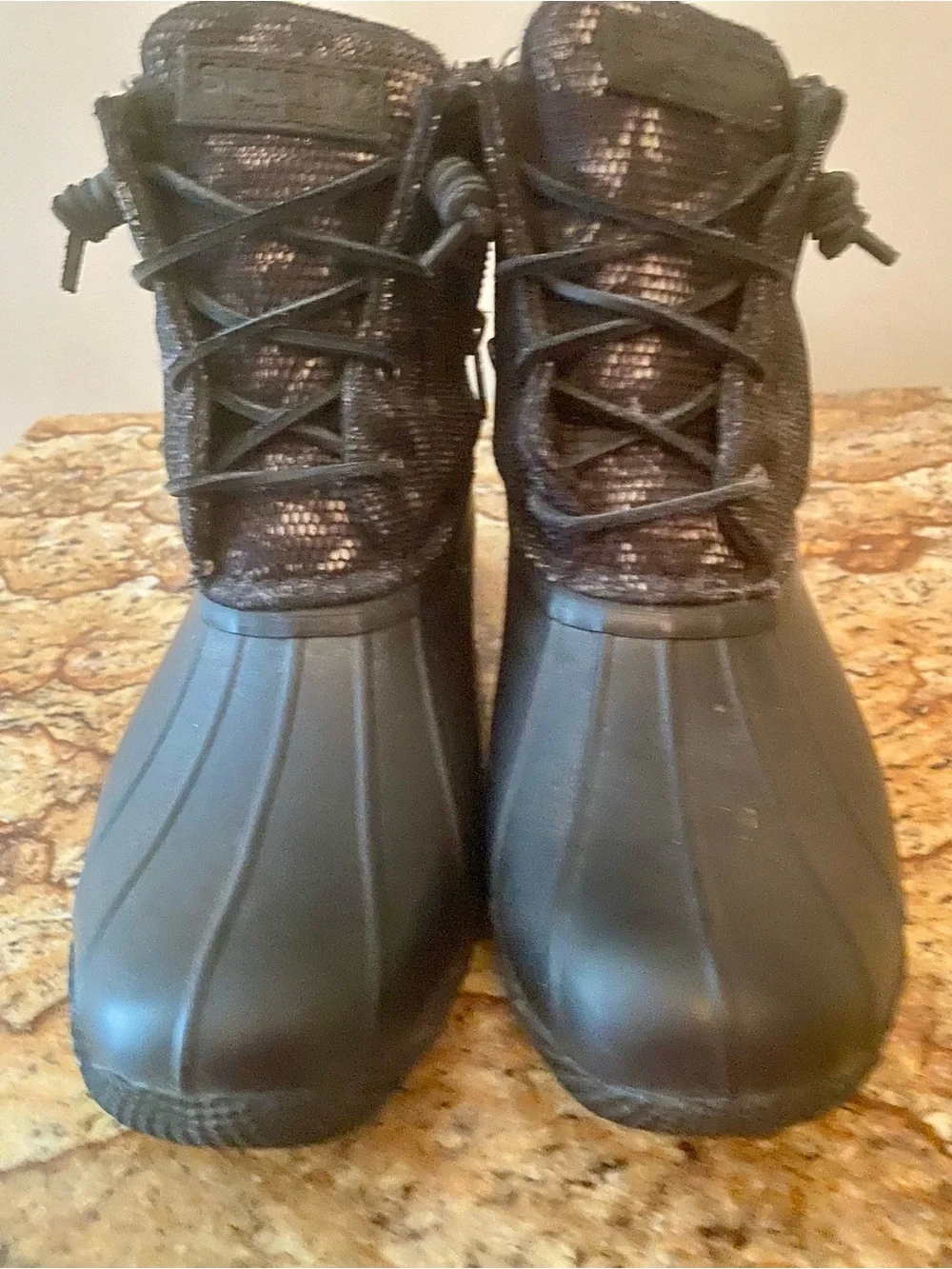 Women’s Sperry Black Waterproof Duck Boots with dressy flair